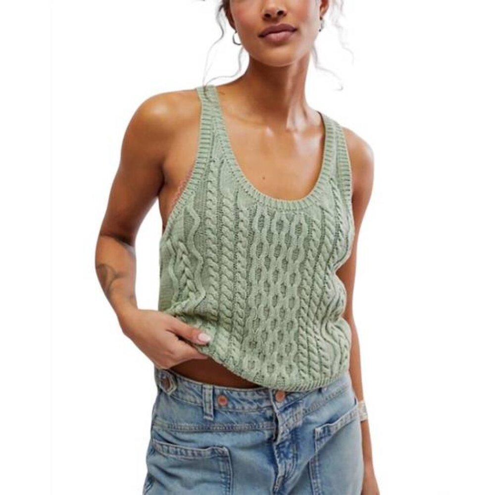 Free People High Tide Cable Knit Tank Top in Green Tea Size XL NWT